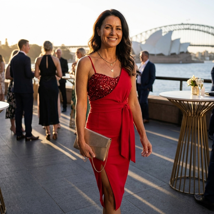 Elegant sequin bodycon midi dress, featuring a high side split, ideal for cocktail parties & evening wear.