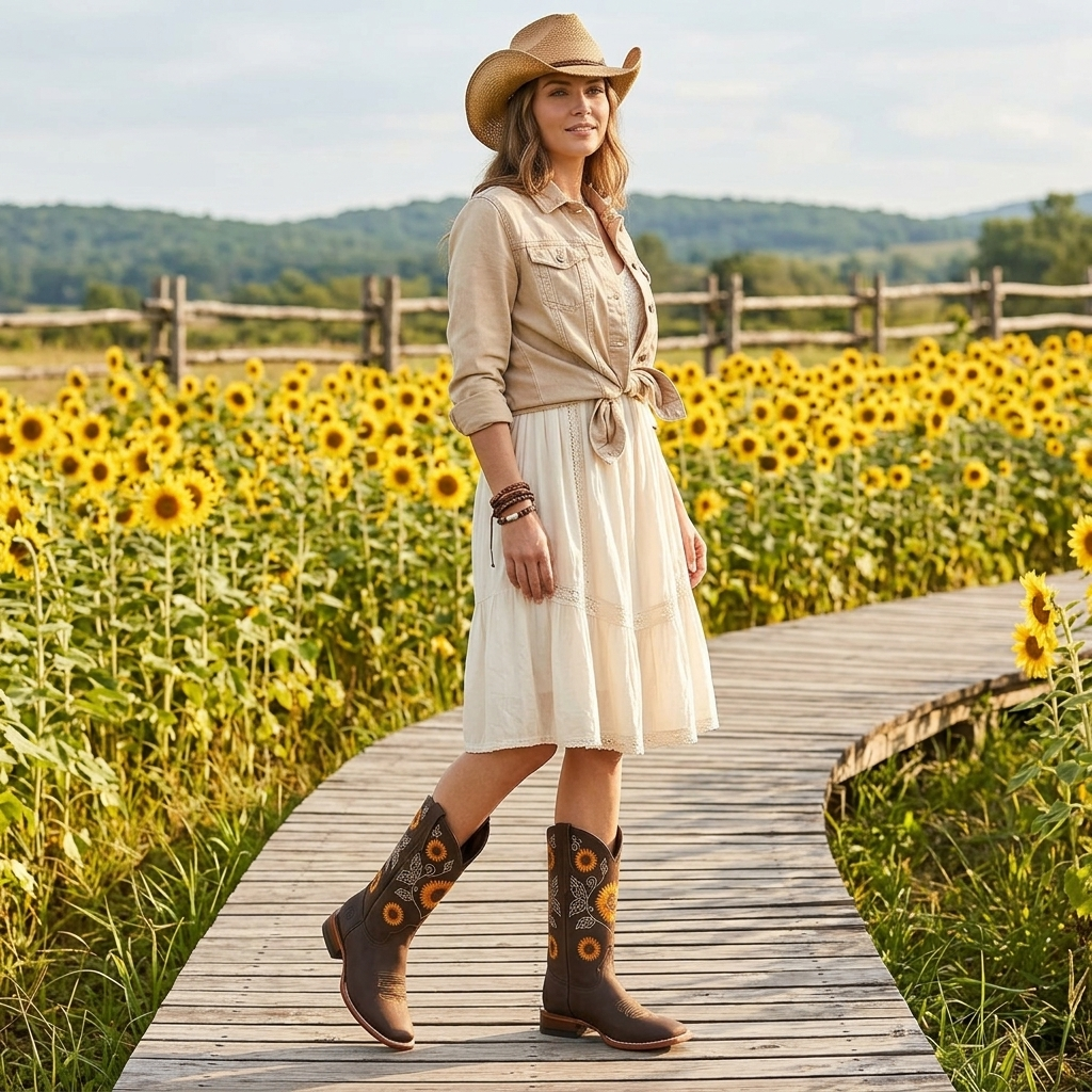 Stylish brown cowgirl boots for women, featuring intricate sunflower embroidery. Ideal for fall fashion.