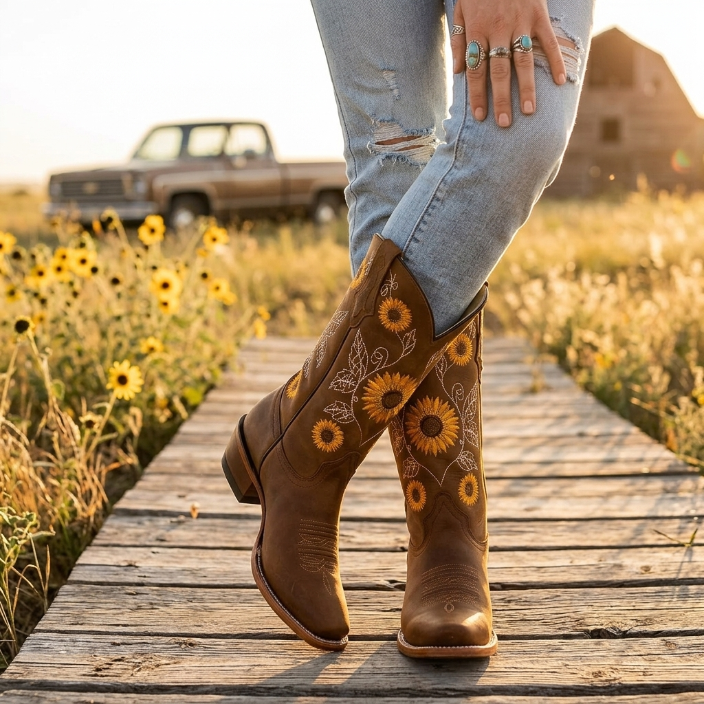 Casual brown western boots for women with unique sunflower embroidery. Comfortable square toe and block heel.