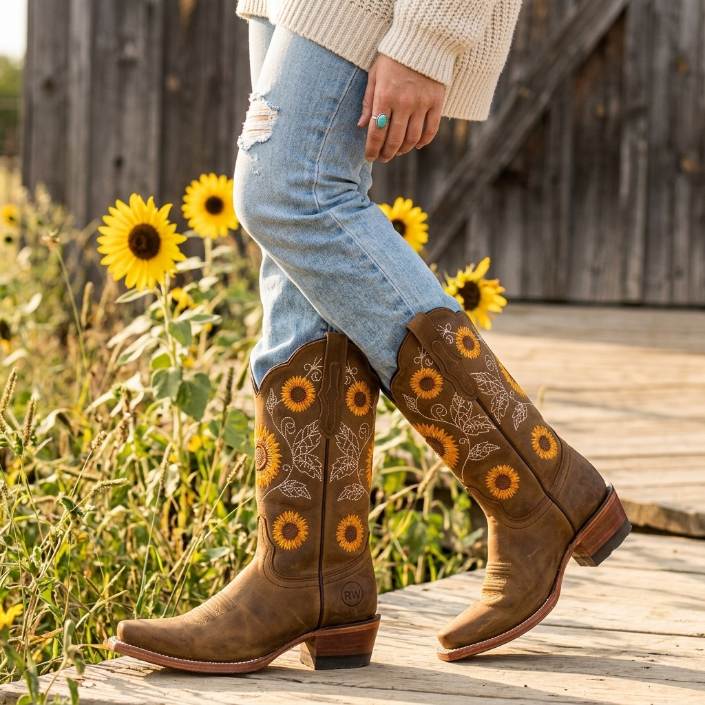 Women's brown western boots with exquisite sunflower embroidery. Durable and stylish square toe fashion.