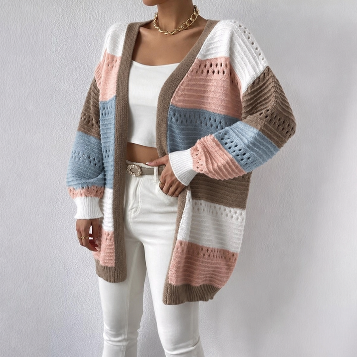 Longline color block open front cardigan for women. Features a stylish drop shoulder and unique design, ideal for spring.