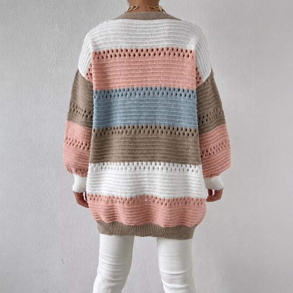 Comfortable women's color block open front cardigan. Relaxed fit, great for casual wear & stylish layering in any season.