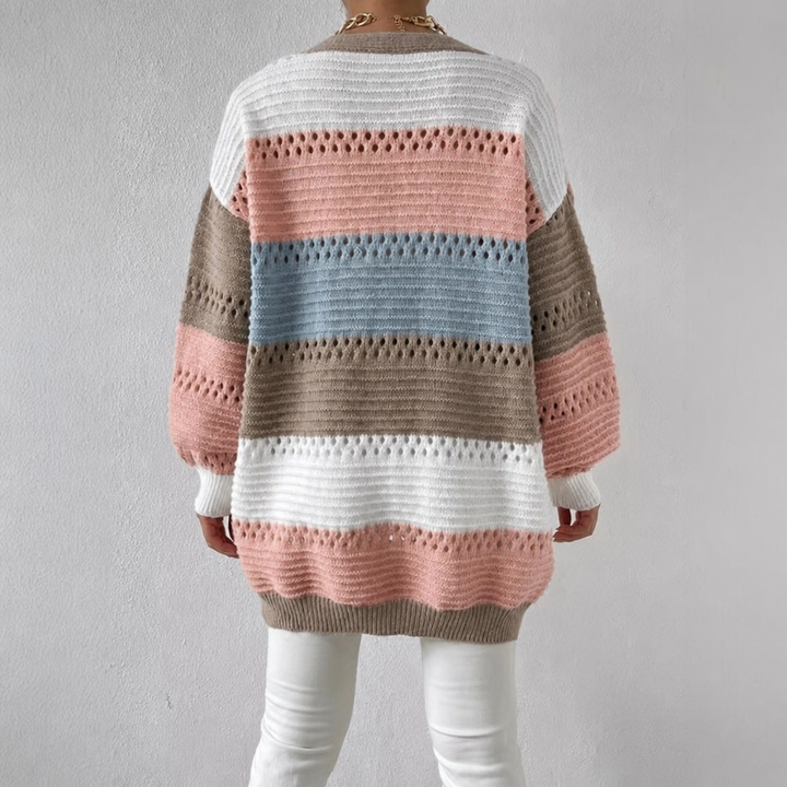 Comfortable women's color block open front cardigan. Relaxed fit, great for casual wear & stylish layering in any season.