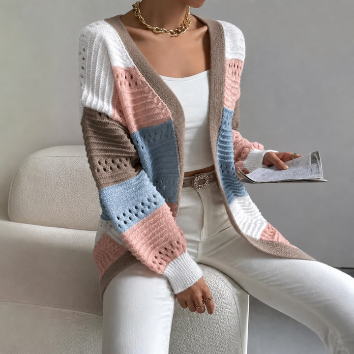 Women's stylish color block open front cardigan, perfect for fall layering. Comfortable relaxed fit.