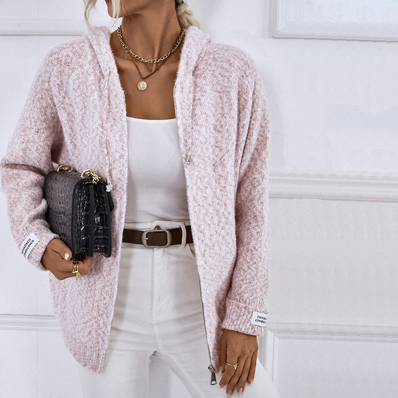 Stylish women's hooded zip cardigan, offering versatile casual wear and cozy comfort.