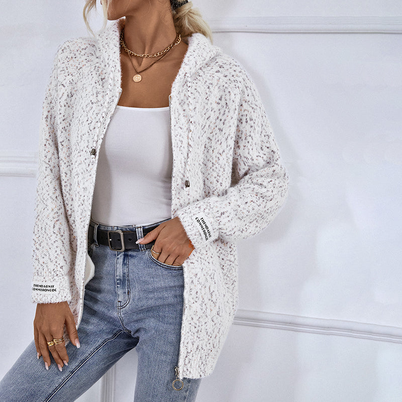 Relaxed fit women's hooded zip sweater, perfect for casual layering and cozy loungewear.