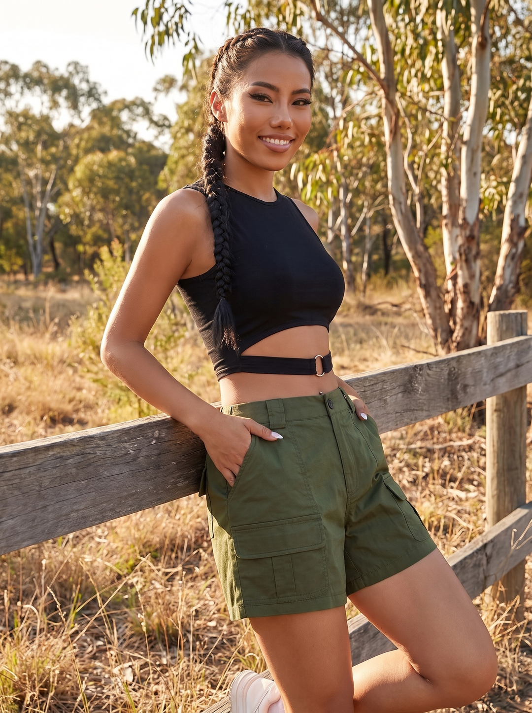 Trendy women's high-waist utility shorts, perfect for contemporary summer fashion, with convenient flap cargo pockets.