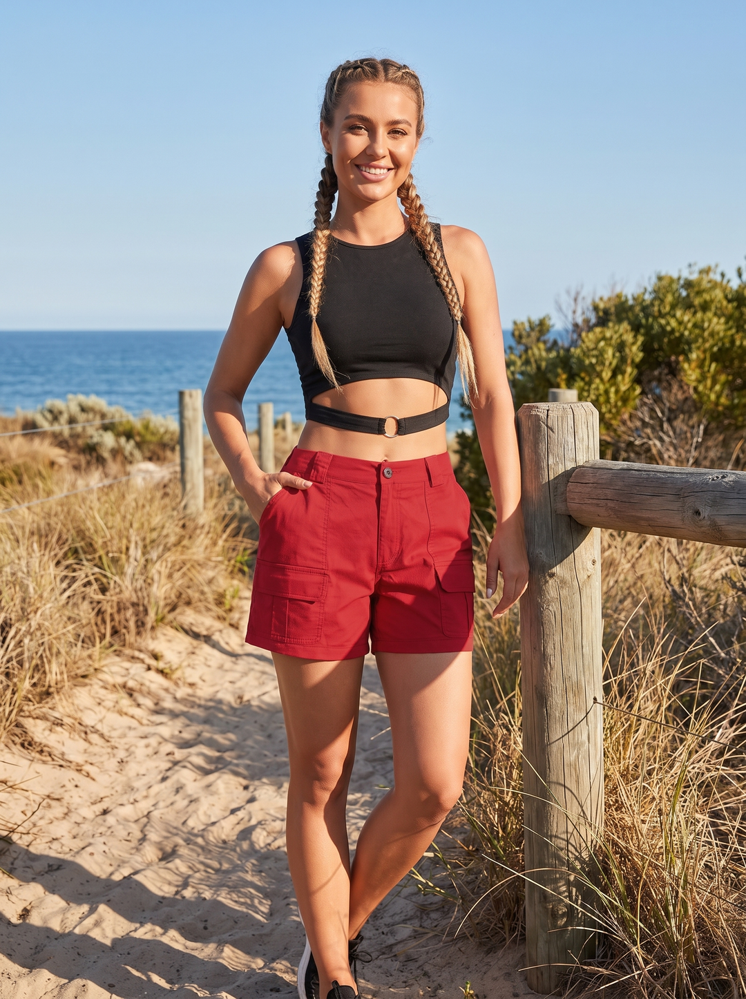 Chic women's high-waist cargo shorts, showcasing sturdy fabric and practical flap utility pockets for everyday wear.