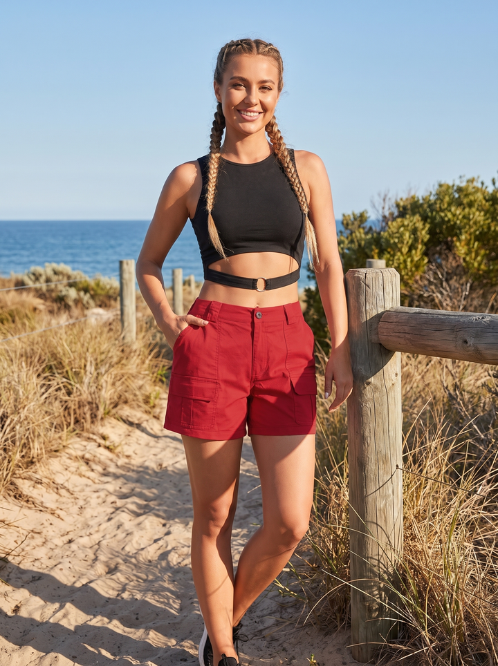 Chic women's high-waist cargo shorts, showcasing sturdy fabric and practical flap utility pockets for everyday wear.