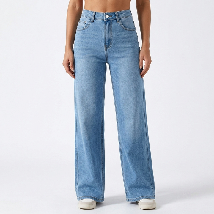 Relaxed fit women's high-rise baggy jeans in faded wash, featuring a stylish wide leg for chic, comfortable wear.