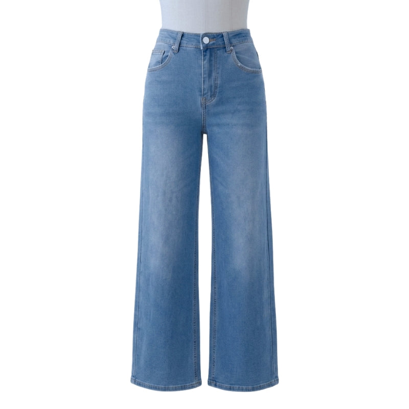 Stylish women's baggy jeans, high-rise with a loose, wide leg and faded wash for effortless, casual fashion.