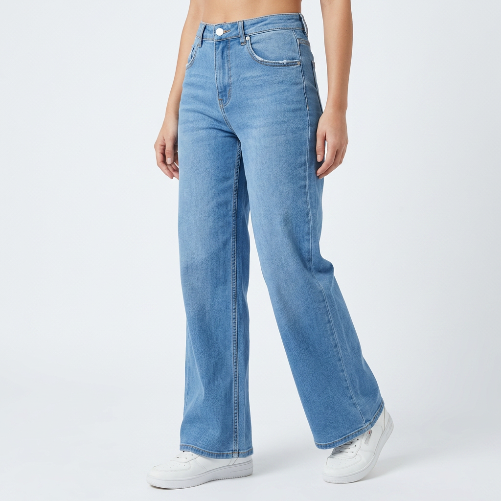 Women's high-rise baggy jeans with a faded wash and wide leg, perfect for a casual, comfortable fit. Streetwear style.