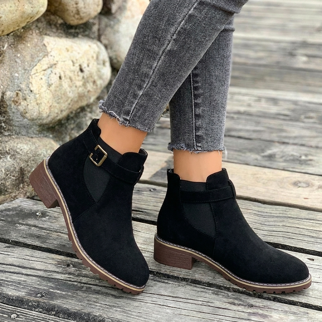 Comfortable grey Chelsea ankle boots for women, featuring a practical block heel, buckle strap, and versatile design.