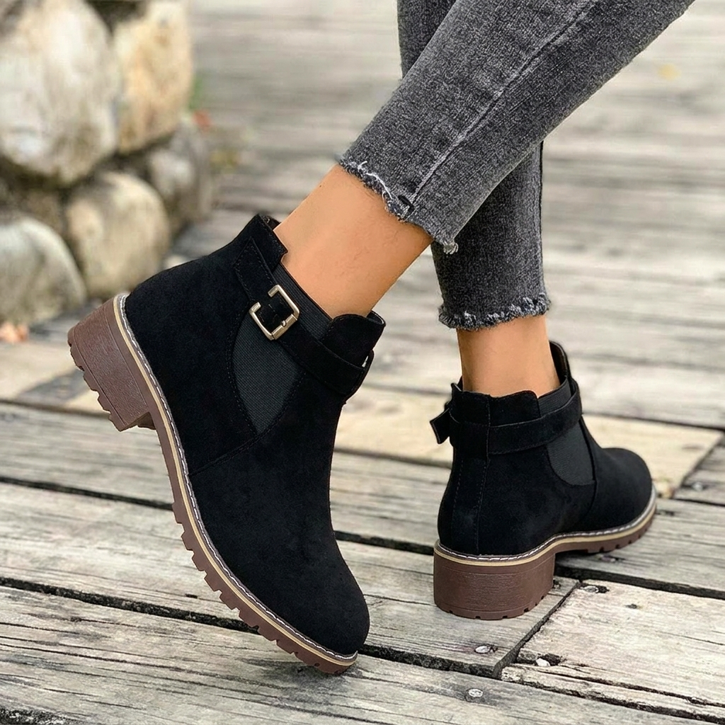 Side view of women's brown Chelsea ankle boots with a prominent buckle strap, sturdy block heel, ideal for fashion.