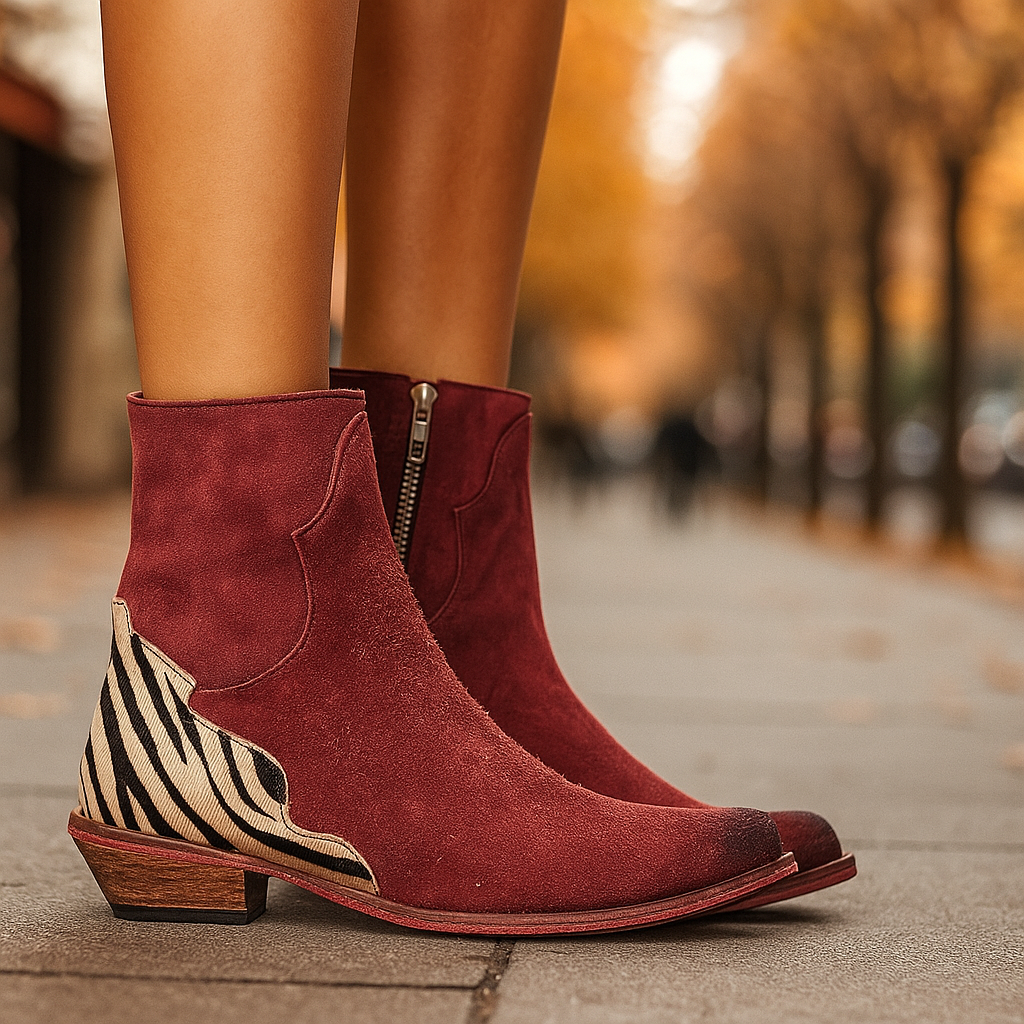 Classic women's Chelsea ankle boots with a modern twist: a distinctive zebra print low heel. Versatile footwear.