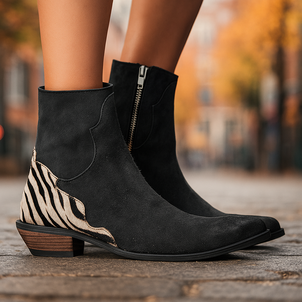 Women's stylish Chelsea ankle boots with a practical side zip & unique zebra print low heel for modern looks.