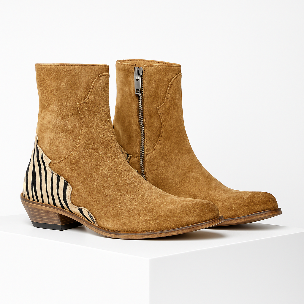 Women's black Chelsea ankle boots with unique zebra print low heel, perfect for stylish fall & winter outfits.