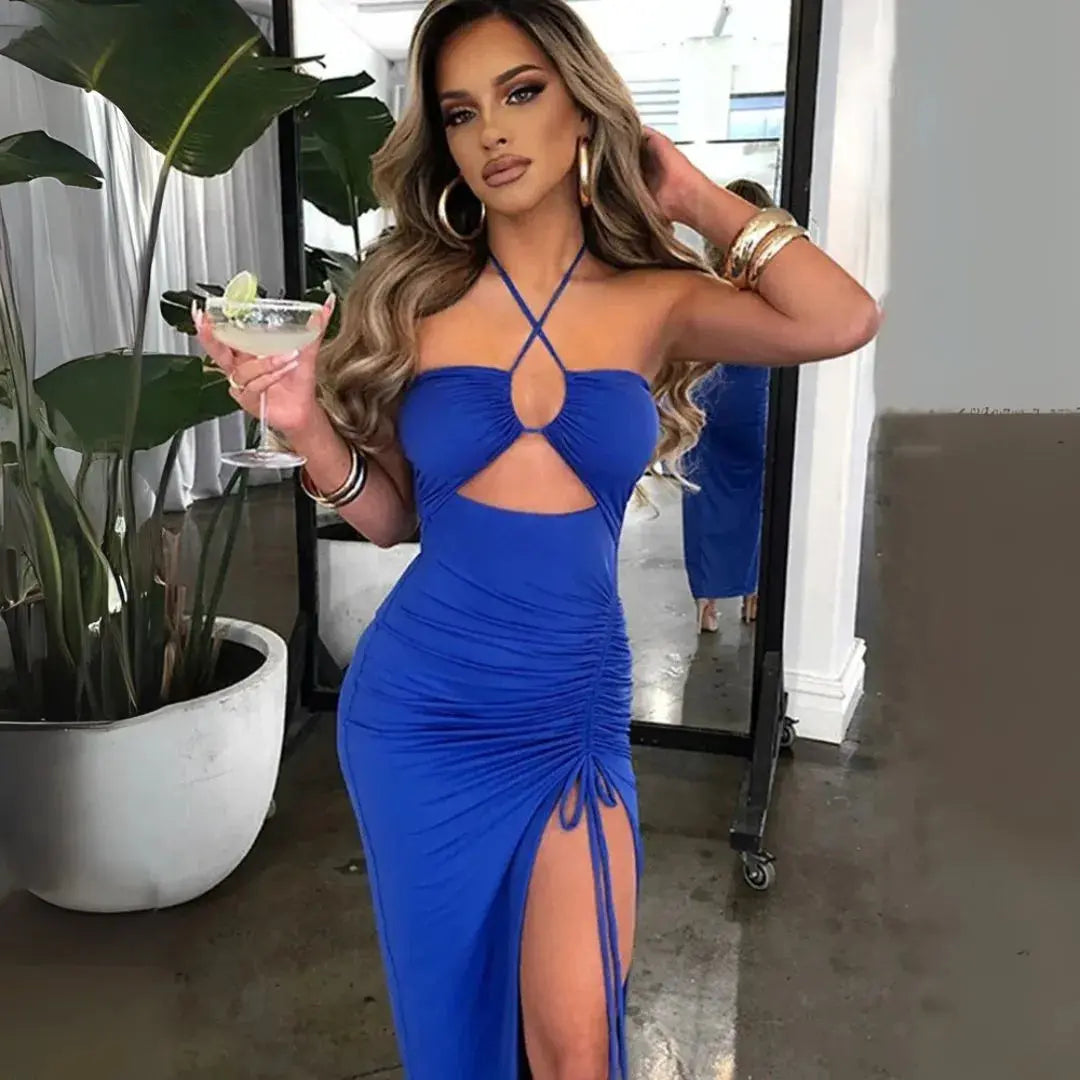 Women's halter neck cutout maxi cocktail dress with sculpted fit, perfect for evening parties & special occasions.