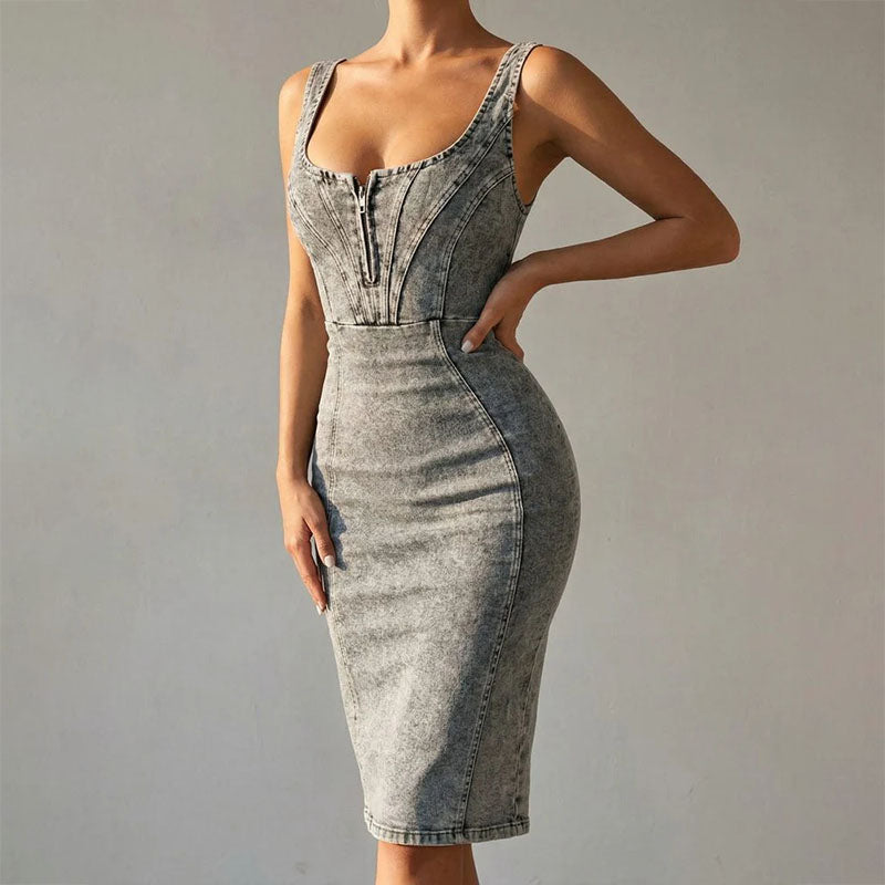 Women's midi bodycon corset dress with zip front. Sleeveless & elegant for versatile day-to-night style.