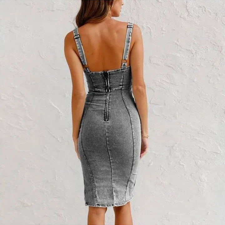 Comfortable women's bodycon midi dress. Features corset style, stretch fit, and a stylish zip front.