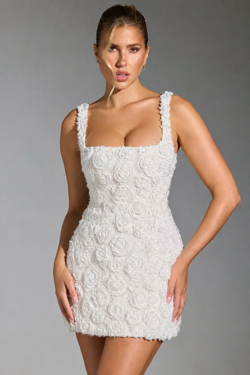 Women's 3D floral corset mini dress with elegant square neck, perfect for parties and cocktails.