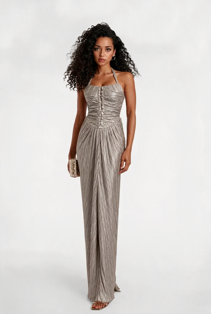 Full-length women's formal corset dress in gold, showcasing a stylish tie-back and elegant design.
