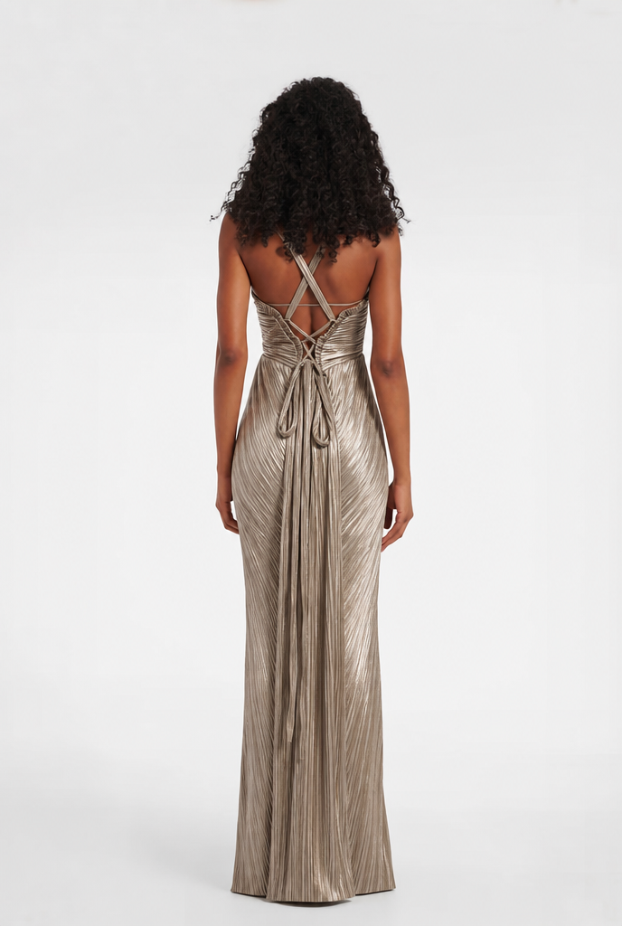 Women's elegant gold maxi formal dress with a sophisticated corset and delicate tie-back closure.