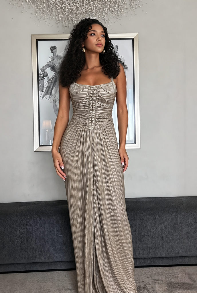 Elegant women's gold corset maxi formal dress with tie-back detail, perfect for evening or special occasions.
