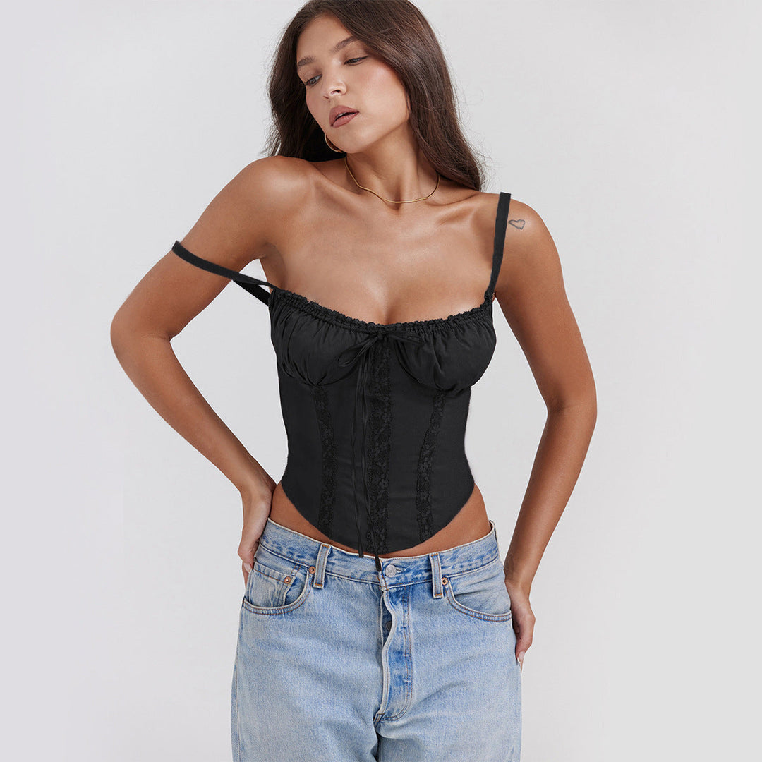 Sleek women's cropped corset top with a stylish ruffle tie bust, ideal for any party.