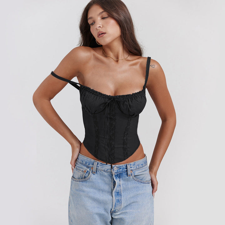 Sleek women's cropped corset top with a stylish ruffle tie bust, ideal for any party.