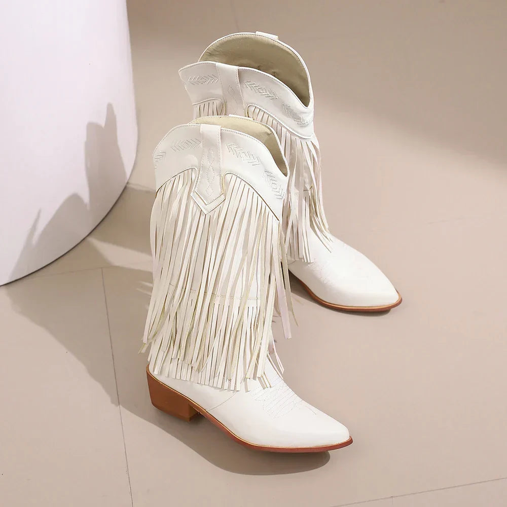 Pink women's western boots featuring stylish fringe, intricate embroidery, & comfortable block heel. Dance boots.