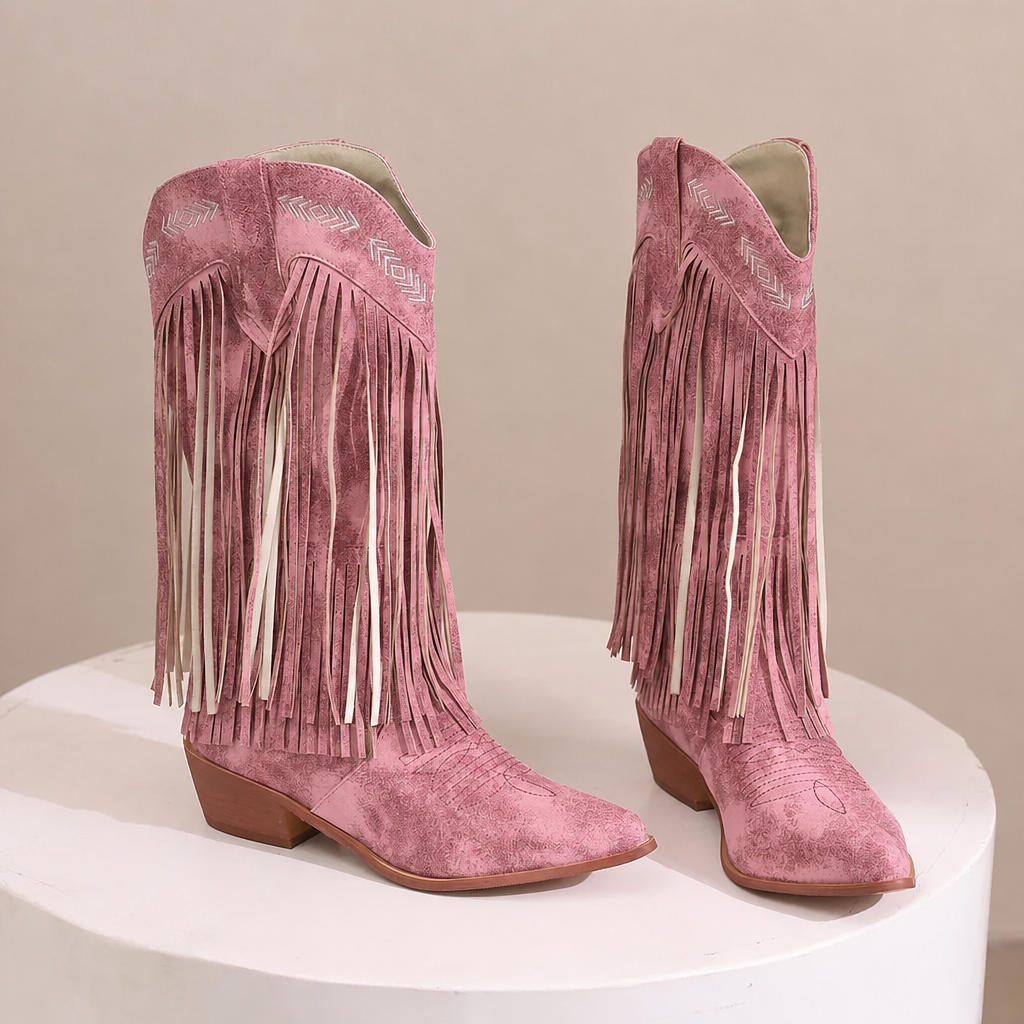 Green fringe cowgirl boots with elegant western embroidery, pointed toe, and sturdy block heel. Fashion boots.