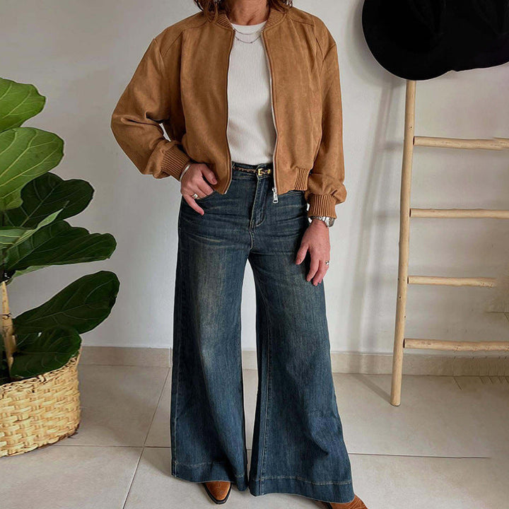 Fashionable women's cropped bomber jacket with a trendy zip-up front, ribbed collar, cuffs & hem.