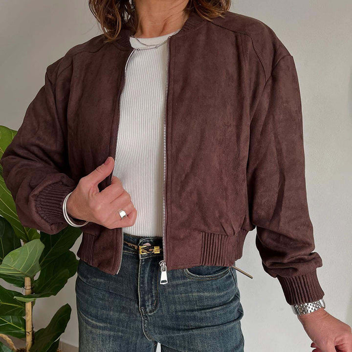 Chic women's cropped bomber jacket, a must-have zip-up outerwear piece with stylish ribbed trim.