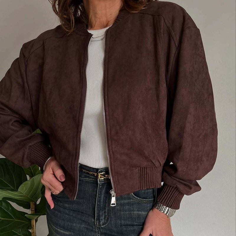 Stylish women's cropped bomber jacket, a casual zip-up with ribbed trim, perfect for modern outerwear.