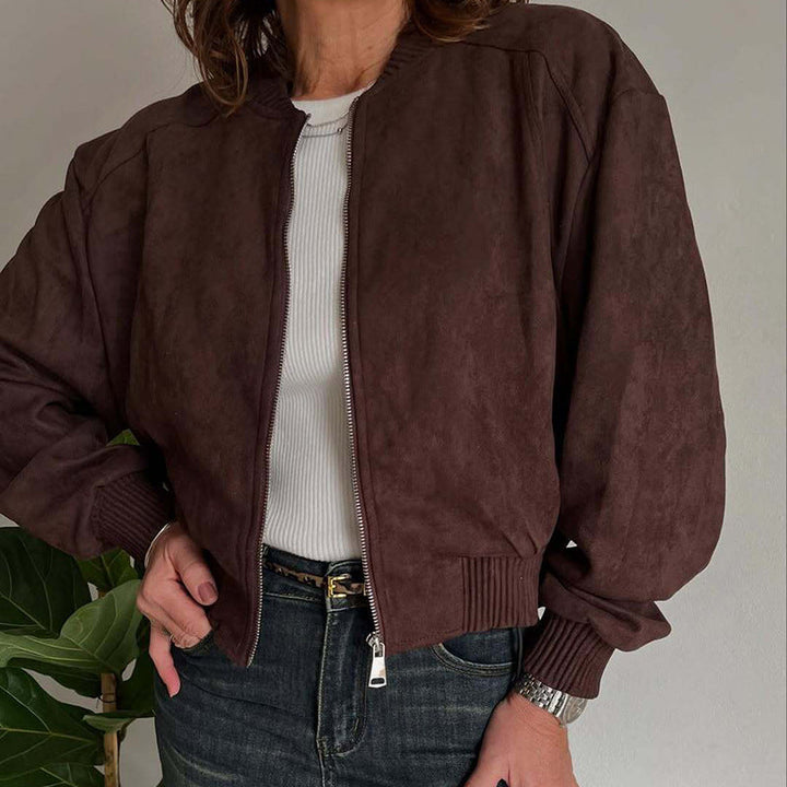 Stylish women's cropped bomber jacket, a casual zip-up with ribbed trim, perfect for modern outerwear.
