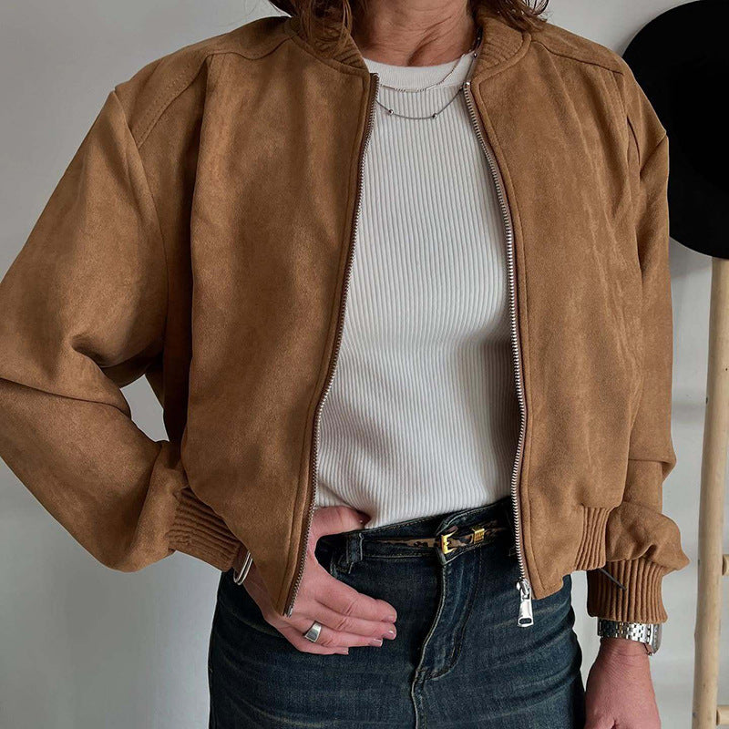 Women's stylish cropped bomber jacket with zip-up front & ribbed trim, perfect for casual fashion.