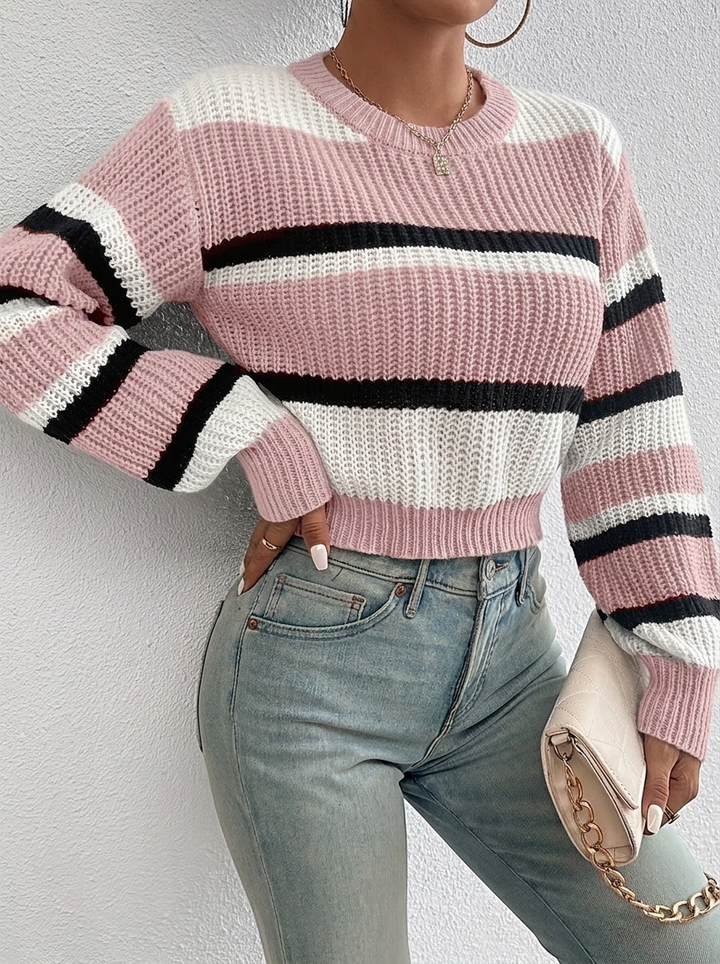 Women's striped cropped knitted jumper, featuring a cozy crew neck and long sleeves.