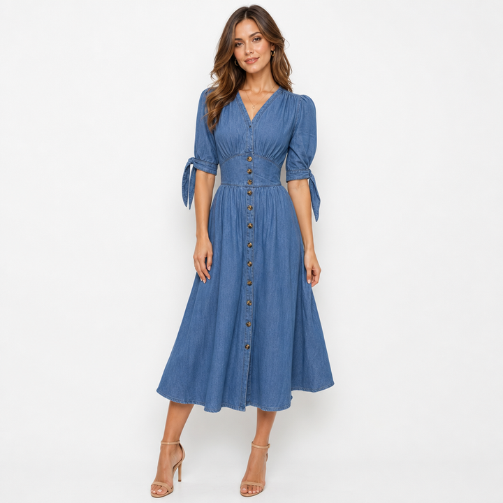 Women's pink button-front V-neck maxi dress, featuring elegant tie sleeves. A versatile choice for everyday summer wear.