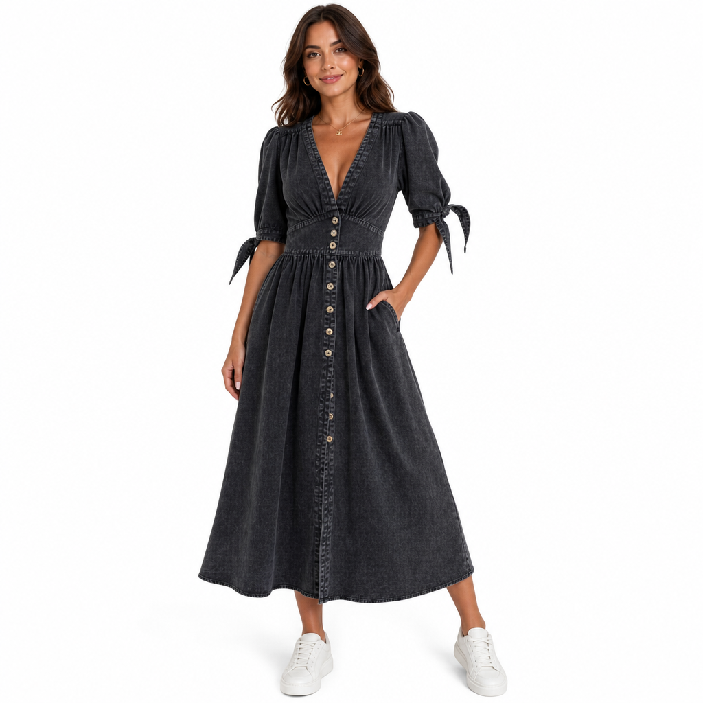 Effortless pink casual maxi dress for women, designed with a flattering V-neck, button front & short tie sleeves.