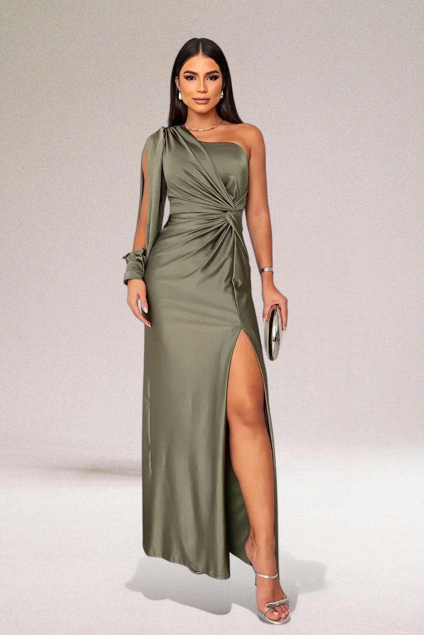 Women's occasion wear: graceful one-shoulder maxi dress, featuring a dramatic side slit for formal events.
