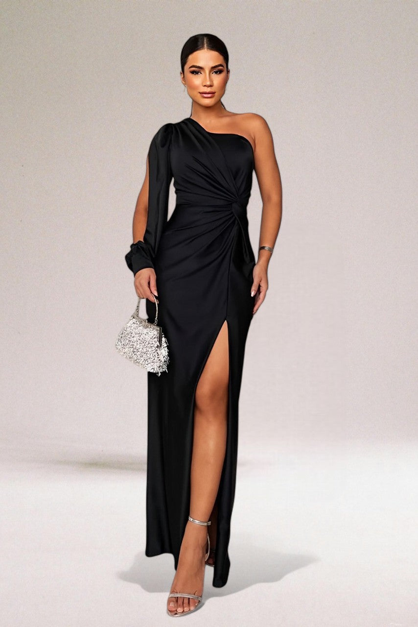Maxi length women's formal party dress. Features an elegant one-shoulder neckline & stylish side slit for special occasions.