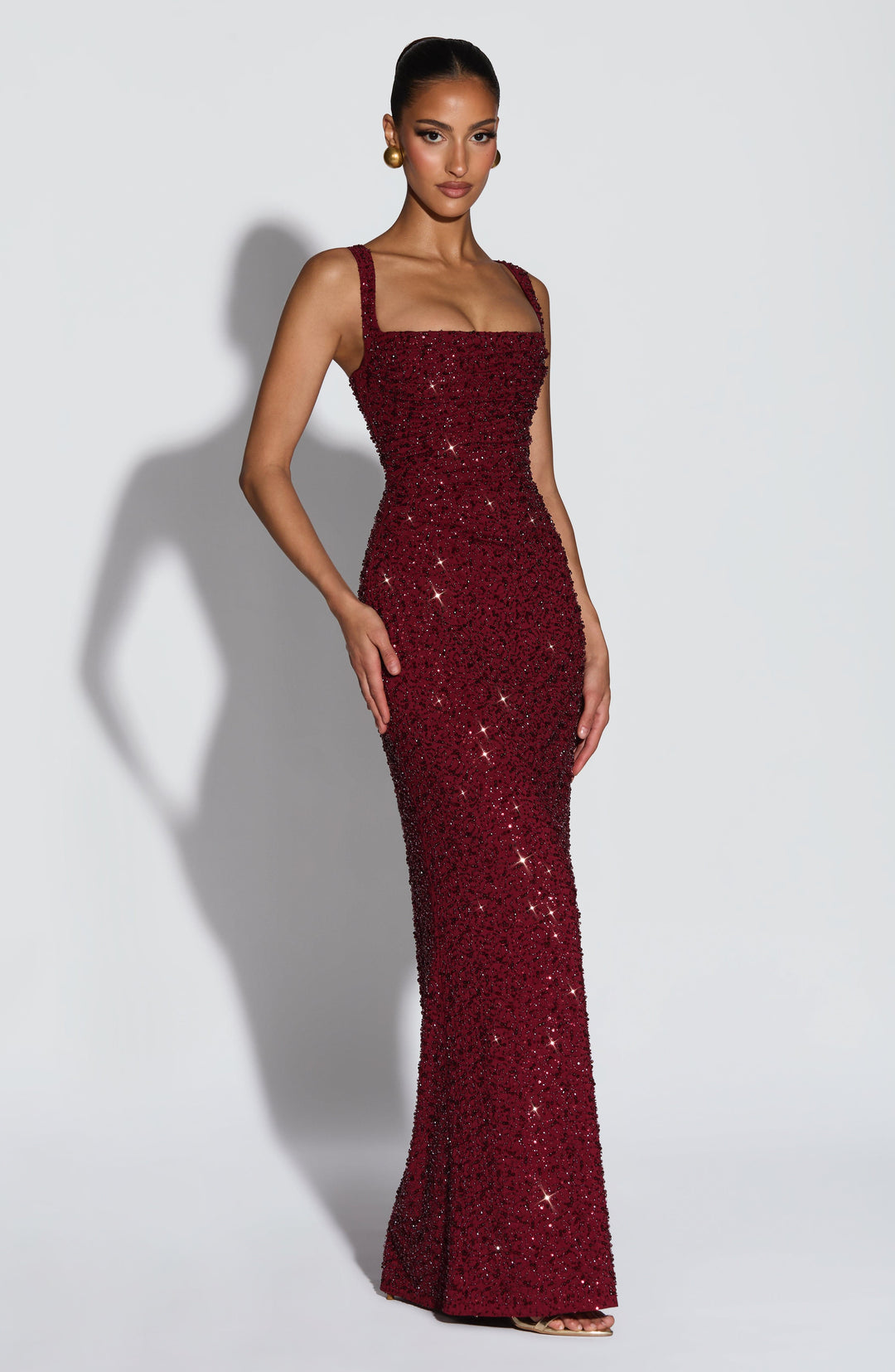 Burgundy sequin formal dress, a long maxi gown with a chic square neckline, designed for special occasions.