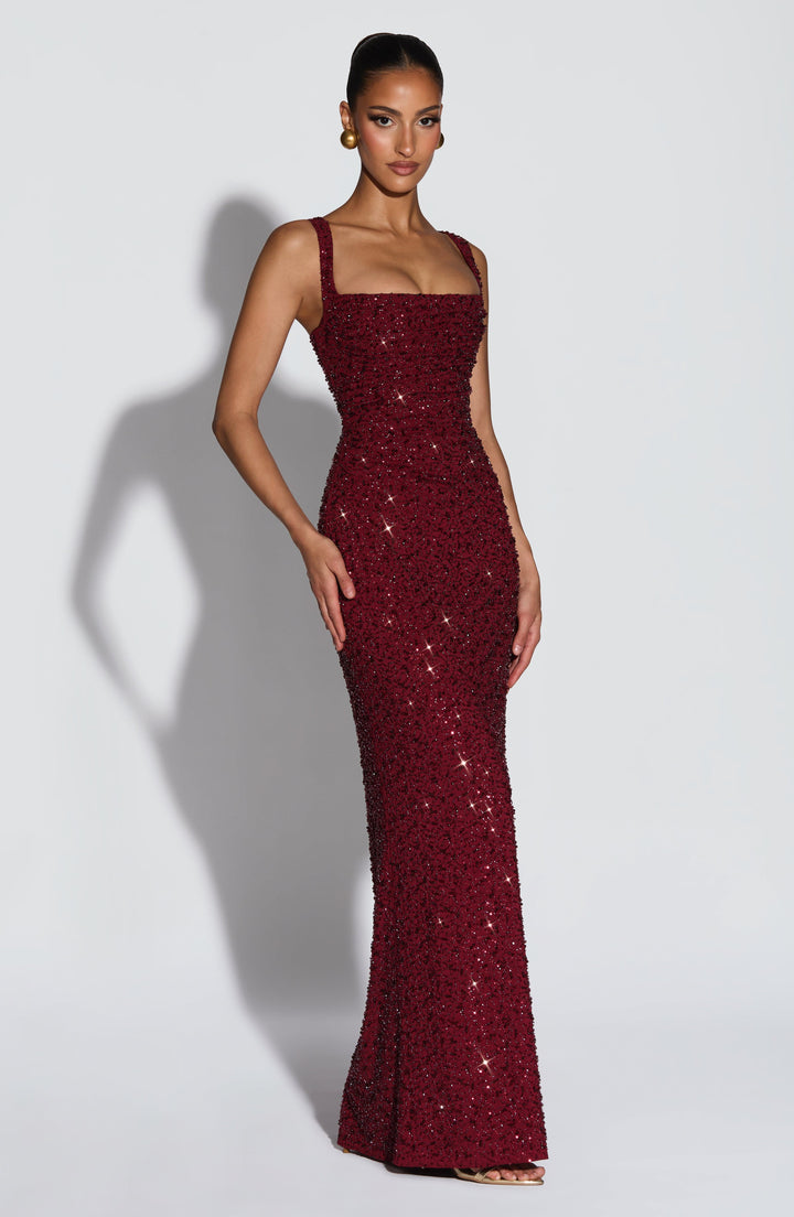 Burgundy sequin formal dress, a long maxi gown with a chic square neckline, designed for special occasions.
