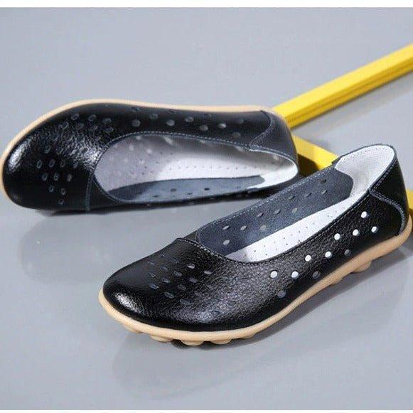 Supportive ladies slip-on flats with Ortholite insole, designed for bunions & wide feet.
