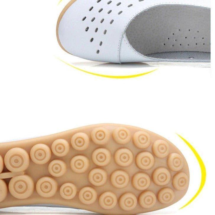 Comfortable ladies flats with wide fit & bunion support. Easy slip-on style for foot pain relief.