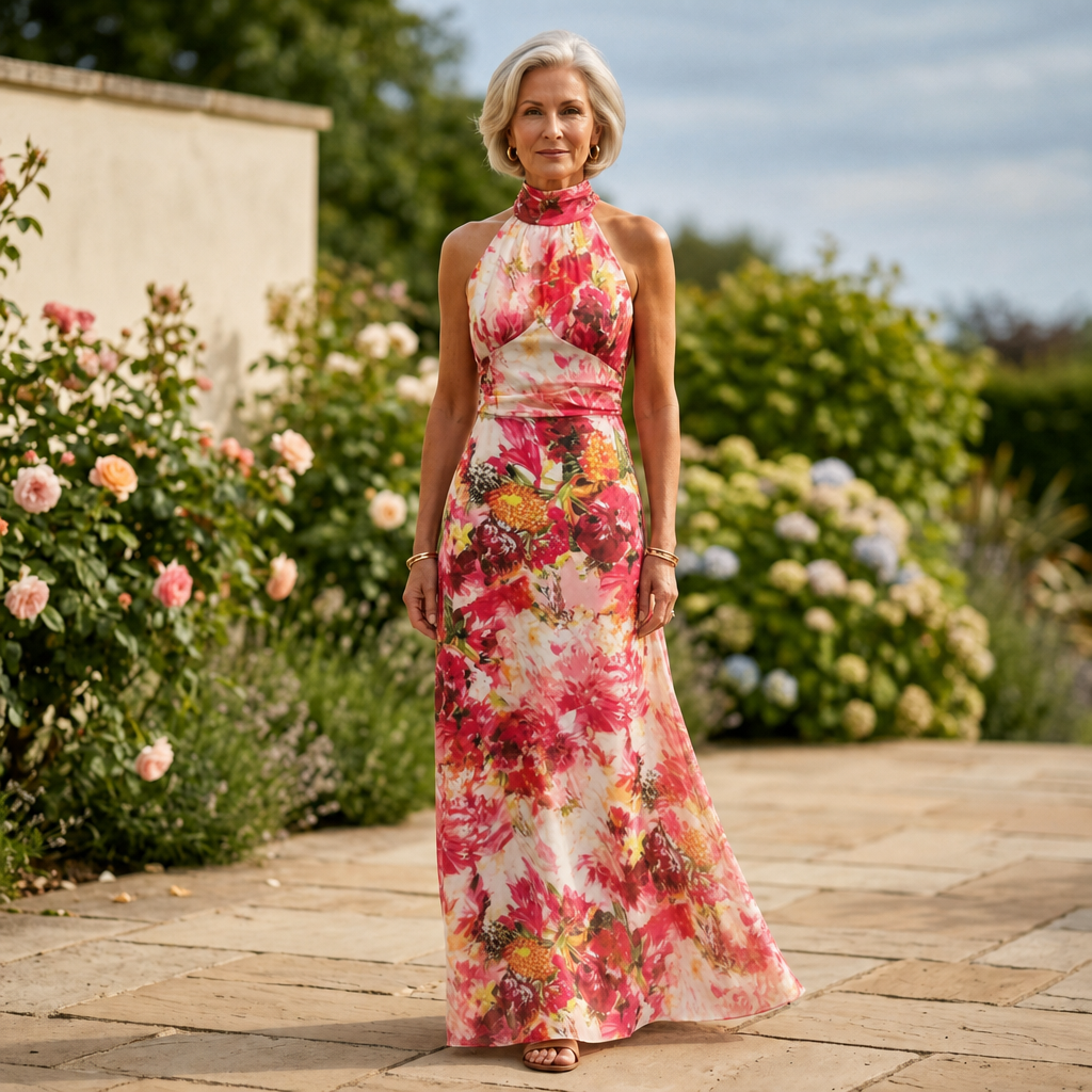 Women's elegant floral maxi dress with a flattering halter neck. Ideal sleeveless long dress for evening parties & special occasions.