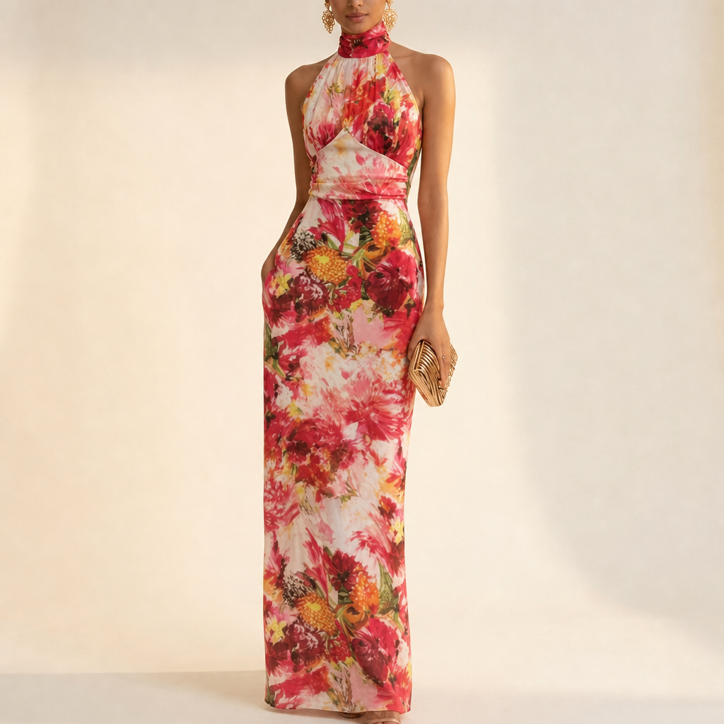 Elegant women's floral halter maxi dress, perfect for summer occasions. Sleeveless and long, a stylish party wear.