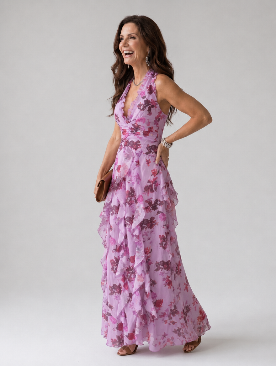 Vibrant floral print halter neck maxi dress for women, featuring stylish ruffles; ideal for occasion wear.