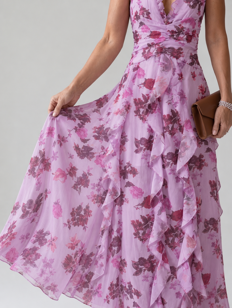 Chic women's floral ruffle maxi dress, perfect as a party or evening dress with its elegant halter design.